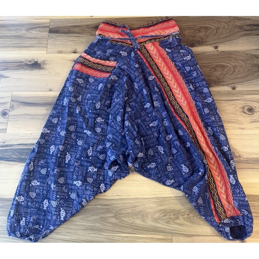 Thai Fisherman Harem Pants Blue Tribal Print Boho Aladdin Yoga Festival OS